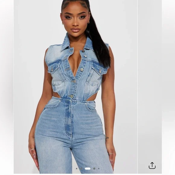 Fashion Nova Baylin Cutout Denim Jumpsuit – Size L – NWT - Picture 7 of 13